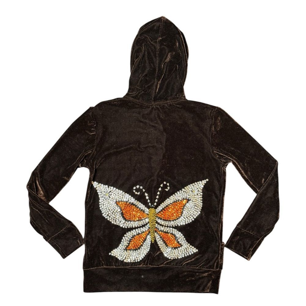 Brown Velour Sequin McBling Butterfly Full Zip Hoodie Size Medium